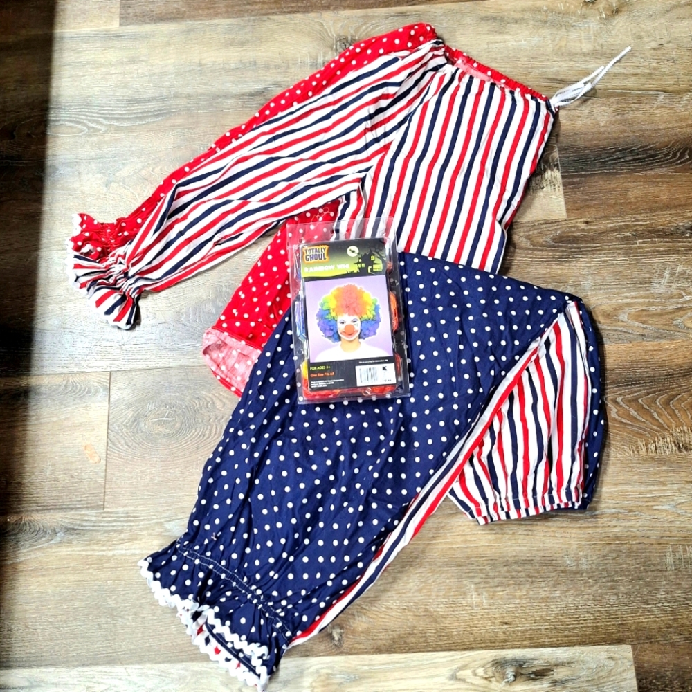 Handmade Clown Costume, Red and Blue Striped and Polka Dot,3 Piece Set